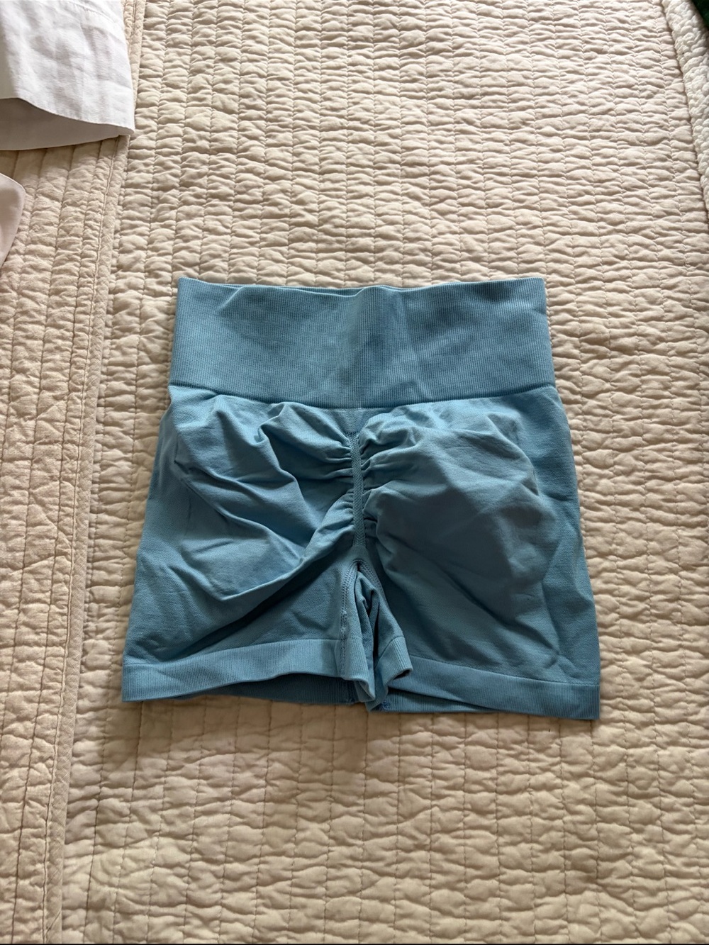 Light Blue Scrunch-Back High-Waist Bike Shorts Athletic Athleisure Workout Gym